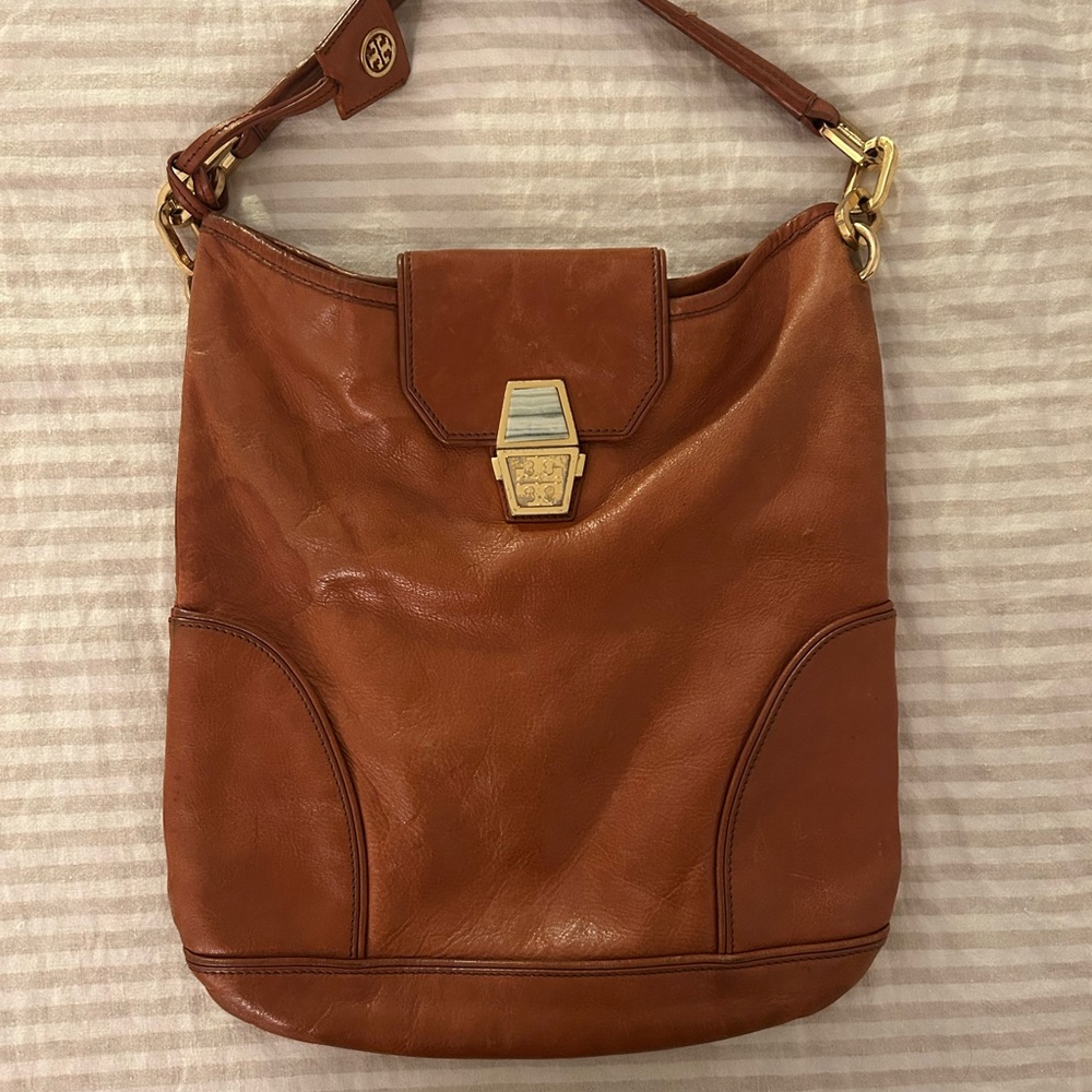 Tory Burch Brown Leather Shoulder Bag with Gold Hardware